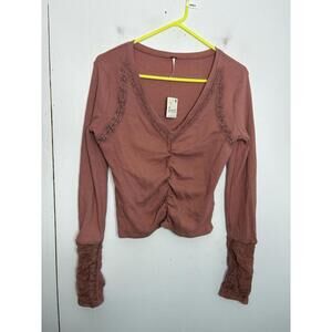 Free People Shirt Womens Medium Thermal Mesh Long Sleeve Ruched Ballet Rose